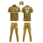 Custom cricket uniform kit in a golden brown color featuring a pixelated pattern and branding by Adrees Enterprises.