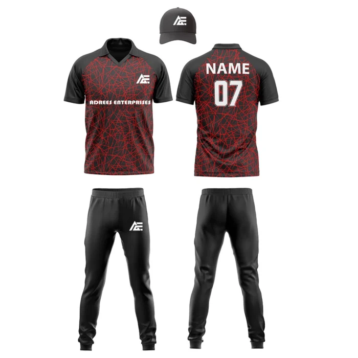Custom cricket uniform kit in black and red featuring an intricate geometric line pattern and branding by Adrees Enterprises.