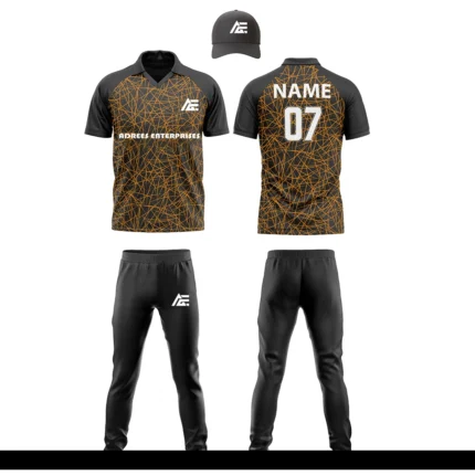 Custom cricket uniform kit in black and orange with a striking geometric line pattern and logo by Adrees Enterprises.