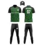 Custom cricket uniform kit in black and green featuring a dynamic geometric line design and branding by Adrees Enterprises.