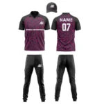 Custom cricket uniform kit in black and pink with a geometric line design and personalized branding by Adrees Enterprises.