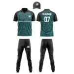 Custom cricket uniform kit in black and teal featuring an abstract geometric line pattern and logo by Adrees Enterprises.