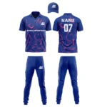 Custom cricket uniform kit in blue and pink featuring a dynamic swirl pattern and branding by Adrees Enterprises.