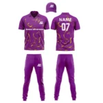 Custom cricket uniform kit in purple and gold featuring a bold swirl design and personalized branding by Adrees Enterprises.
