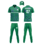 Custom cricket uniform kit in green and purple featuring a vibrant swirl design and branding by Adrees Enterprises.