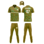 Custom cricket uniform kit in golden brown and teal featuring a unique swirl pattern and logo by Adrees Enterprises.