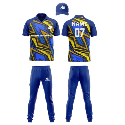 Custom cricket uniform kit in blue and gold featuring a bold angular pattern and branding by Adrees Enterprises.
