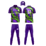 Custom cricket uniform kit in purple and green with a striking angular pattern and logo by Adrees Enterprises.