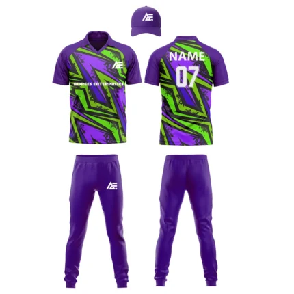 Custom cricket uniform kit in purple and green with a striking angular pattern and logo by Adrees Enterprises.