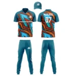 Custom cricket uniform kit in teal and orange with a bold angular pattern and personalized branding by Adrees Enterprises.