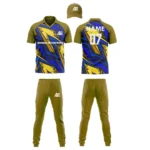 Custom cricket uniform kit in golden brown and blue featuring a dynamic angular pattern and logo by Adrees Enterprises.