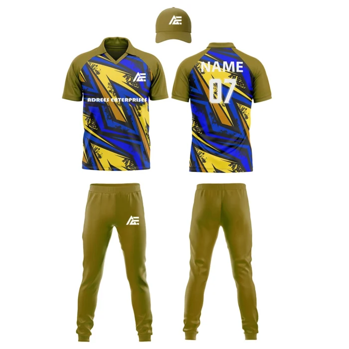 Custom cricket uniform kit in golden brown and blue featuring a dynamic angular pattern and logo by Adrees Enterprises.