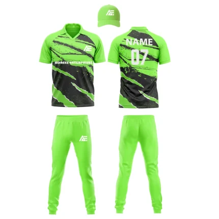 Custom cricket uniform kit in green and black featuring a streak pattern and branding by Adrees Enterprises.