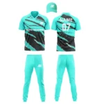 Custom cricket uniform kit in teal and black featuring a dynamic streak pattern and logo by Adrees Enterprises.