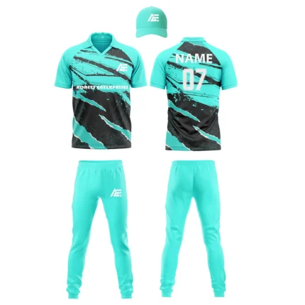 Custom cricket uniform kit in teal and black featuring a dynamic streak pattern and logo by Adrees Enterprises.