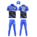 Custom cricket uniform kit in blue and black featuring a striking streak design and personalized branding by Adrees Enterprises.