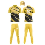 Custom cricket uniform kit in yellow and black with a streak design and logo by Adrees Enterprises.