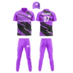 Custom cricket uniform kit in purple and black featuring a stylish streak pattern and branding by Adrees Enterprises.