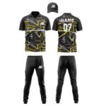Custom cricket uniform kit in black and yellow featuring a dynamic angular pattern and branding by Adrees Enterprises.