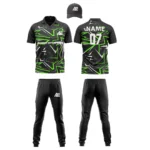 Custom cricket uniform kit in black and green with a dynamic angular pattern and logo by Adrees Enterprises.