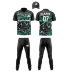 Custom cricket uniform kit in black and teal featuring a dynamic angular pattern and personalized branding by Adrees Enterprises.