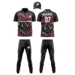 Custom cricket uniform kit in black and red with a striking angular design and logo by Adrees Enterprises.