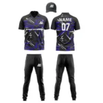 Custom cricket uniform kit in black and blue featuring a stylish angular pattern and branding by Adrees Enterprises.