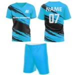 Blue custom field hockey uniform by Adrees Enterprises, featuring a sleek modern design with shorts and personalized back number.