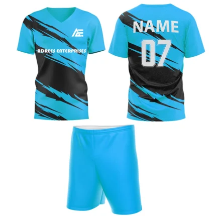 Blue custom field hockey uniform by Adrees Enterprises, featuring a sleek modern design with shorts and personalized back number.