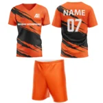 Orange custom field hockey uniform by Adrees Enterprises, featuring a sleek modern design with shorts and personalized back number.