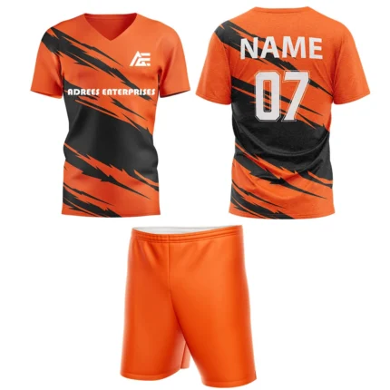 Orange custom field hockey uniform by Adrees Enterprises, featuring a sleek modern design with shorts and personalized back number.