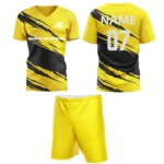 Yellow custom field hockey uniform by Adrees Enterprises, featuring a sleek modern design with shorts and personalized back number.