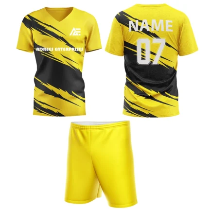 Yellow custom field hockey uniform by Adrees Enterprises, featuring a sleek modern design with shorts and personalized back number.