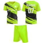 Lime green custom field hockey uniform by Adrees Enterprises, featuring a sleek modern design with shorts and personalized back number.