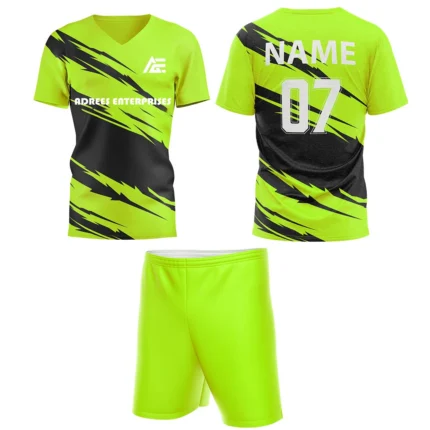 Lime green custom field hockey uniform by Adrees Enterprises, featuring a sleek modern design with shorts and personalized back number.