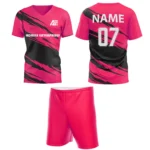 Pink custom field hockey uniform by Adrees Enterprises, featuring a sleek modern design with shorts and personalized back number.