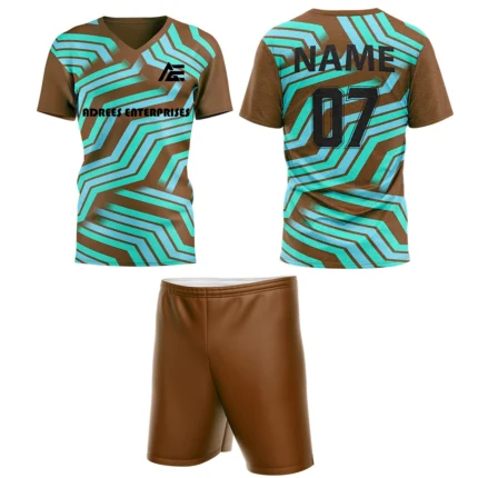 Custom field hockey uniform in brown and turquoise zigzag pattern by Adrees Enterprises.