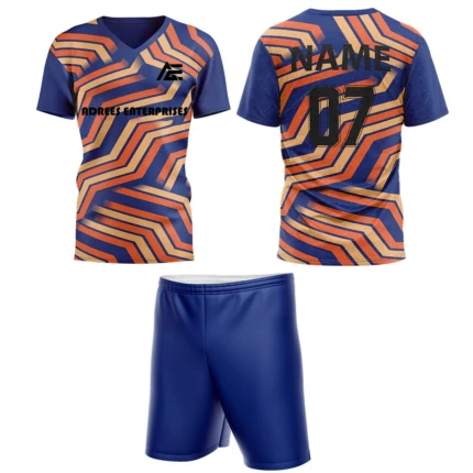Custom field hockey uniform in blue and orange zigzag pattern by Adrees Enterprises.