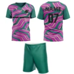 Custom field hockey uniform in green and pink zigzag pattern by Adrees Enterprises.