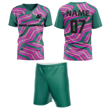 Custom field hockey uniform in green and pink zigzag pattern by Adrees Enterprises.