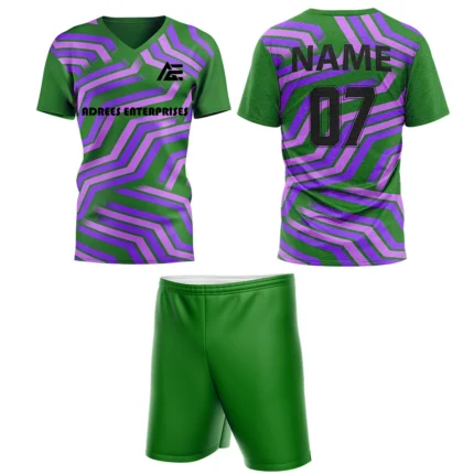 Custom field hockey uniform in green and purple zigzag pattern by Adrees Enterprises.