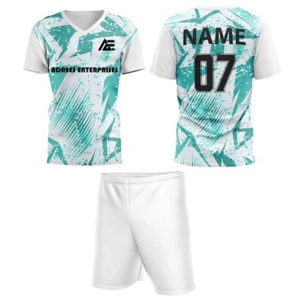 Custom white and teal field hockey uniform by Adrees Enterprises.