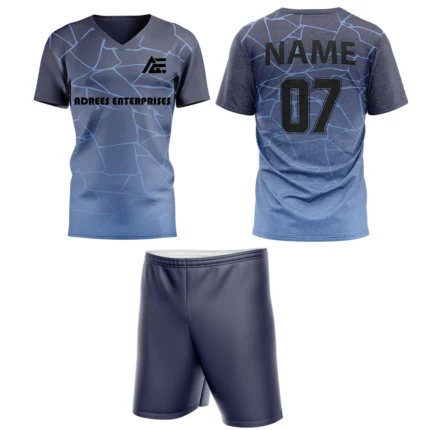 Custom field hockey uniform in blue tones with Adrees Enterprises branding and personalized name and number.