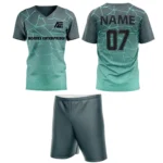 Custom field hockey uniform in teal green with Adrees Enterprises branding and personalized name and number.