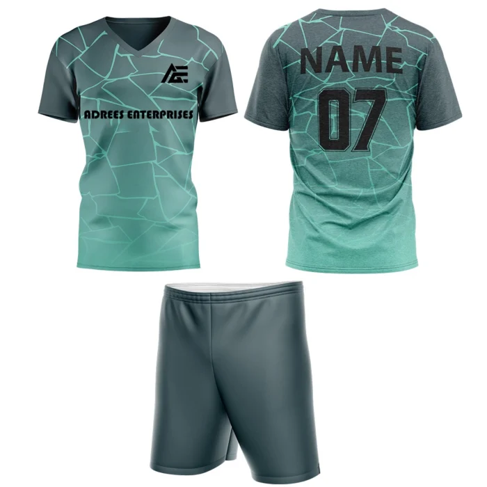 Custom field hockey uniform in teal green with Adrees Enterprises branding and personalized name and number.