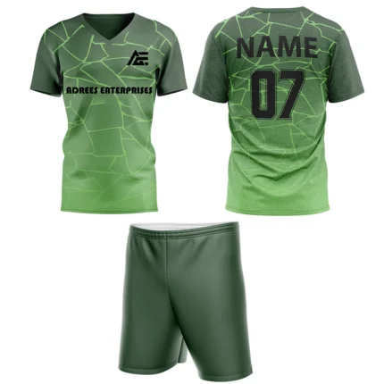 Custom field hockey uniform in bright green with Adrees Enterprises branding and personalized name and number.
