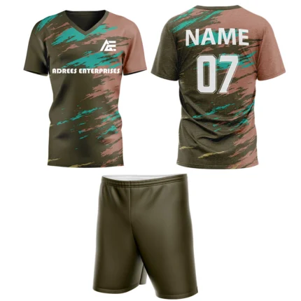 Custom field hockey uniform in earthy tones with Adrees Enterprises branding and personalized name and number.