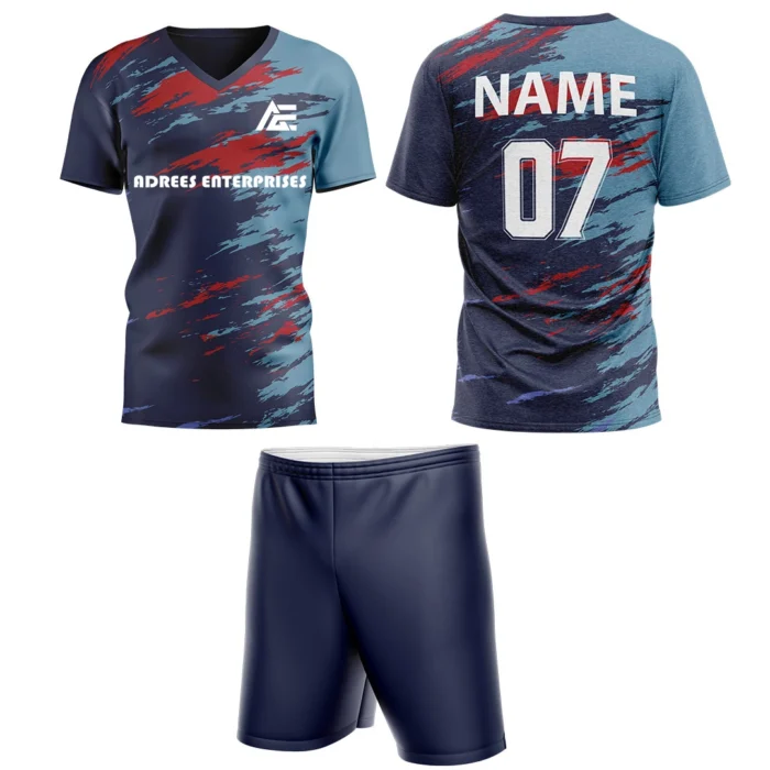 Custom field hockey uniform in blue and red tones with Adrees Enterprises branding and personalized name and number.