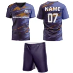 Custom field hockey uniform in purple and gold tones with Adrees Enterprises branding and personalized name and number.