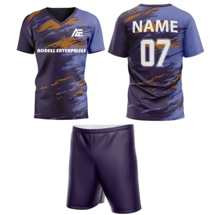 Custom field hockey uniform in purple and gold tones with Adrees Enterprises branding and personalized name and number.